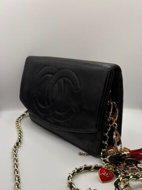 CHANEL Timeless Black Leather CC Fold-Over Wallet on Chain Shoulder Bag WOC